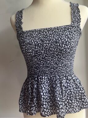Elodie Black and White Floral Smocked babydoll Tank Top